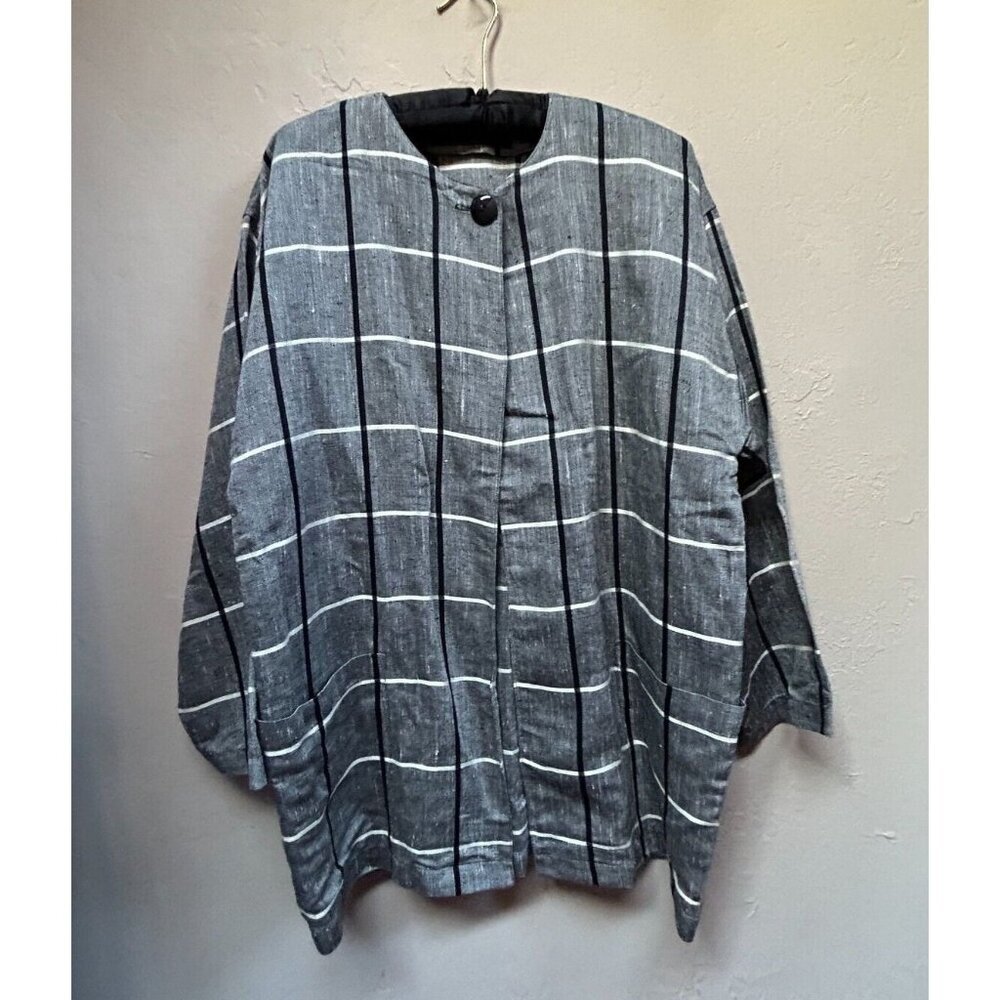 Vintage Cathy Hardwick Linen Blend Cardigan Sz 6 Gray Check One-Button Lagenlook